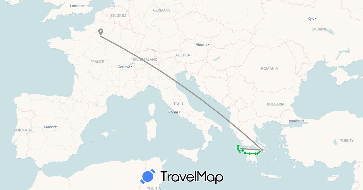 TravelMap itinerary: bus, plane, boat in France, Greece (Europe)